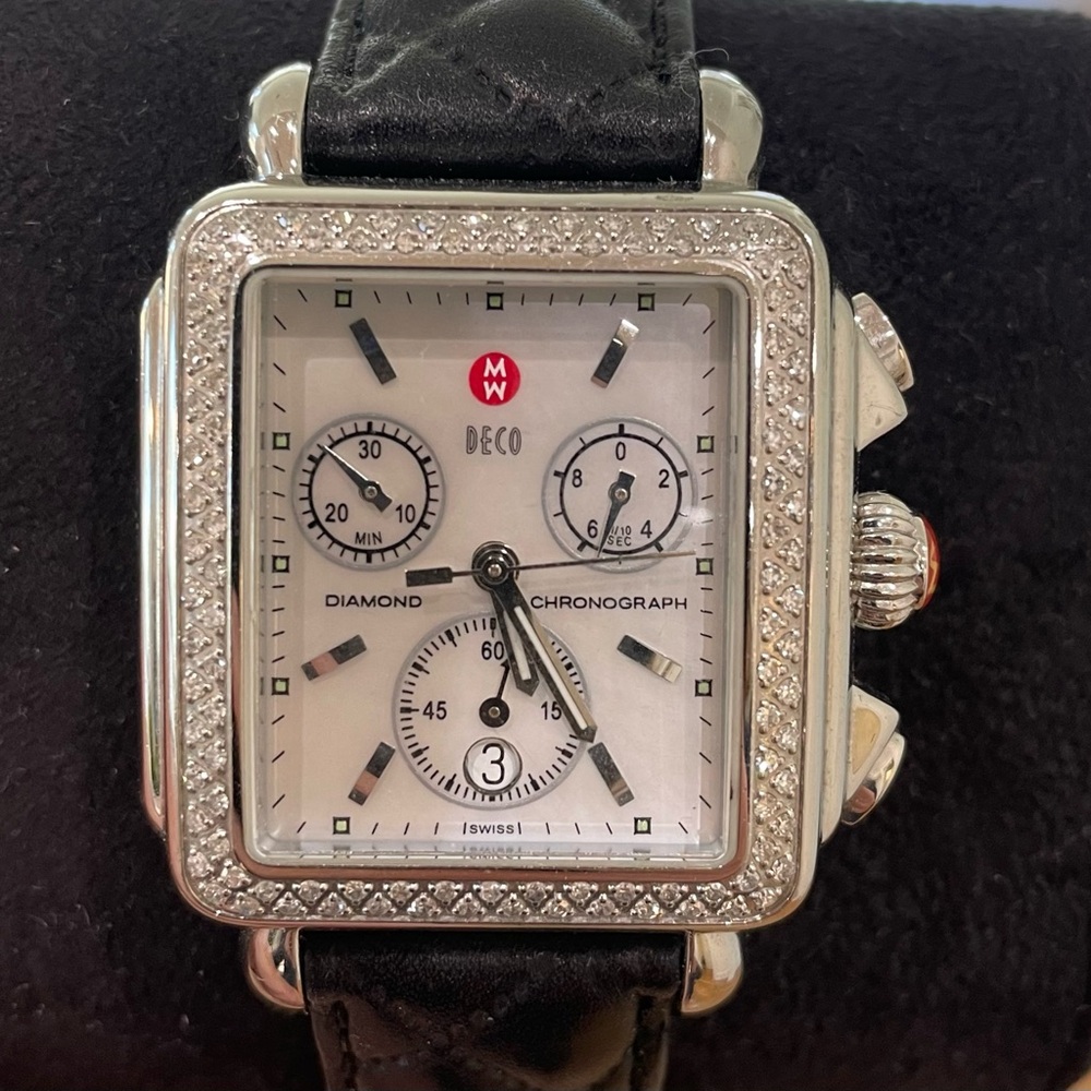 Michele Deco Diamond Chronograph Watch - Diamond bezel, Stainless Steel/3 Straps